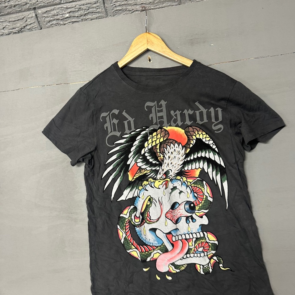 Ed Hardy Mens Black Graphic T-Shirt Eagle Skull‎ Snake Tattoo Print Tee